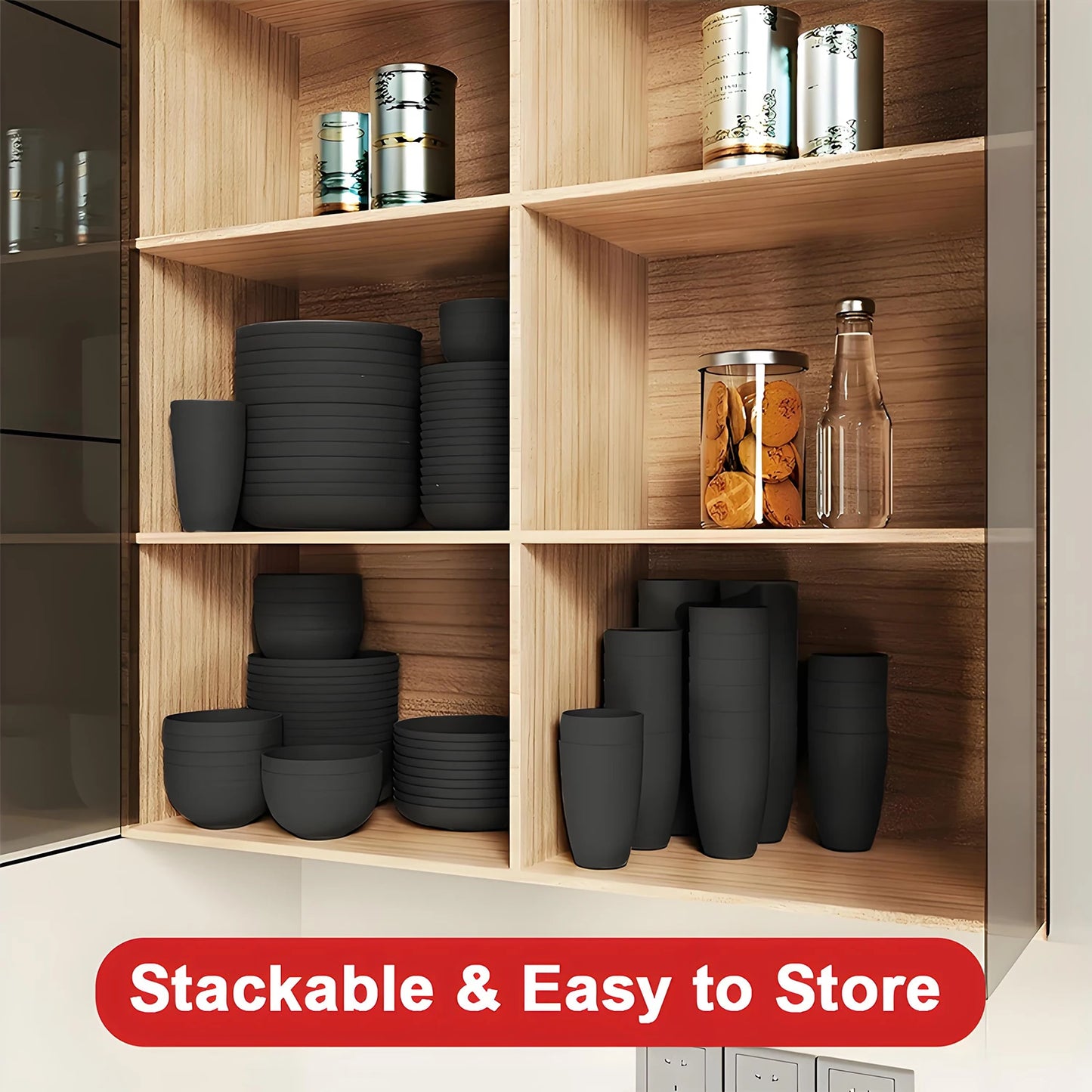 Black Bowls, Dishes, Plates, and Cups Made from Wheat Straw Plastic and PP, American-Style 30-Piece Dinnerware Set for 6 People