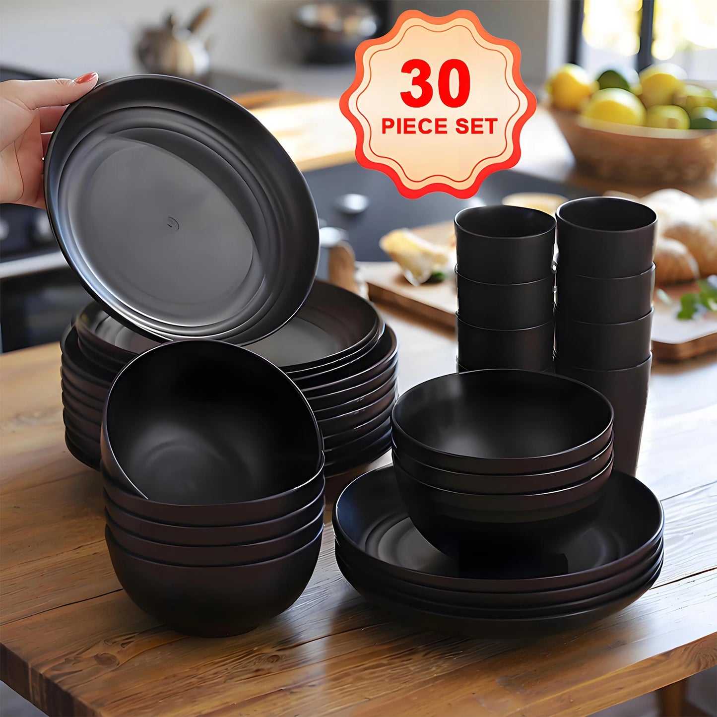 Black Bowls, Dishes, Plates, and Cups Made from Wheat Straw Plastic and PP, American-Style 30-Piece Dinnerware Set for 6 People