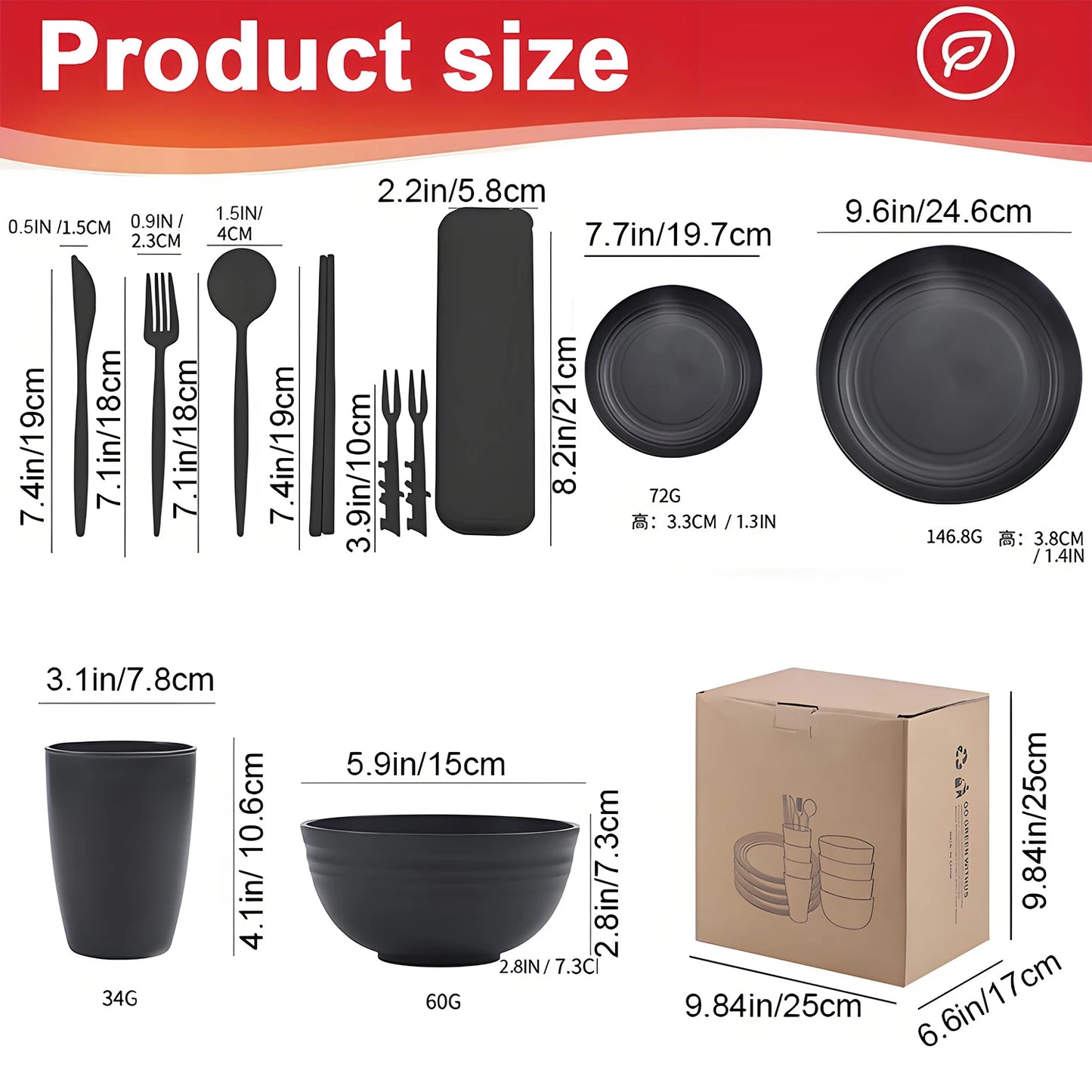 Black Bowls, Dishes, Plates, and Cups Made from Wheat Straw Plastic and PP, American-Style 30-Piece Dinnerware Set for 6 People