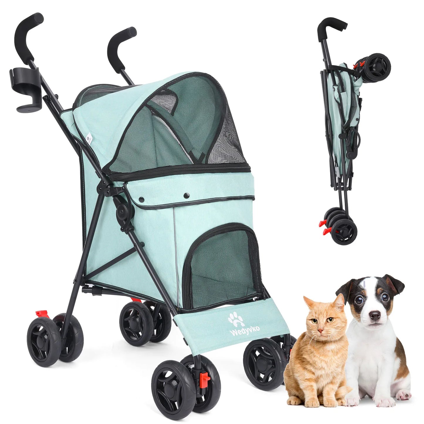 Pet stroller for dogs and cats in mint green with mesh panels and two pets beside it.