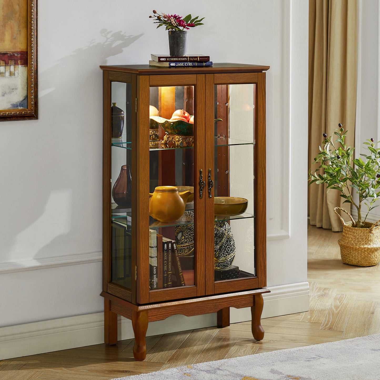 Display Cabinet with Adjustable Shelves Mirrored Back Panel Tempered Glass Doors Curio Cabinet Glass Display Cabinet for Home