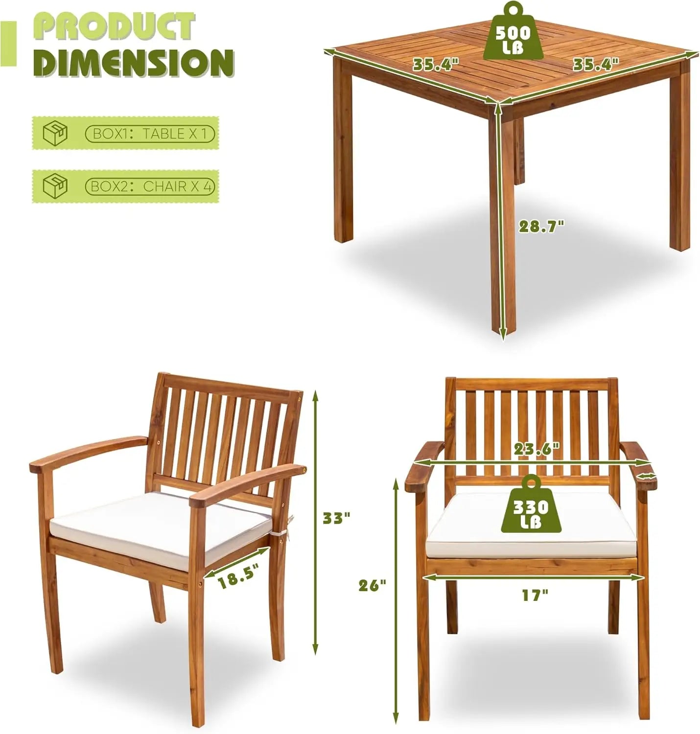 5 Piece Acacia Wood Patio Table and Chairs