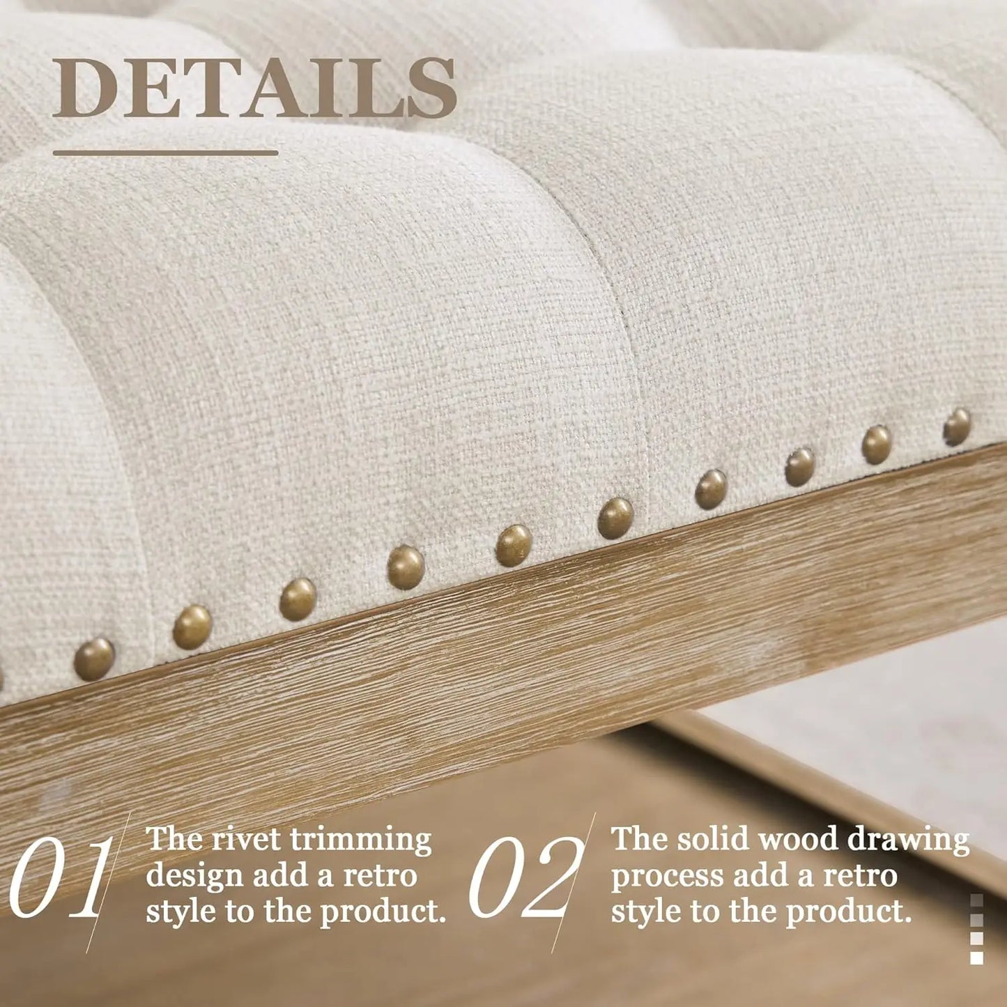 Tufted Upholstered Linen Ottoman with Storage Shelf