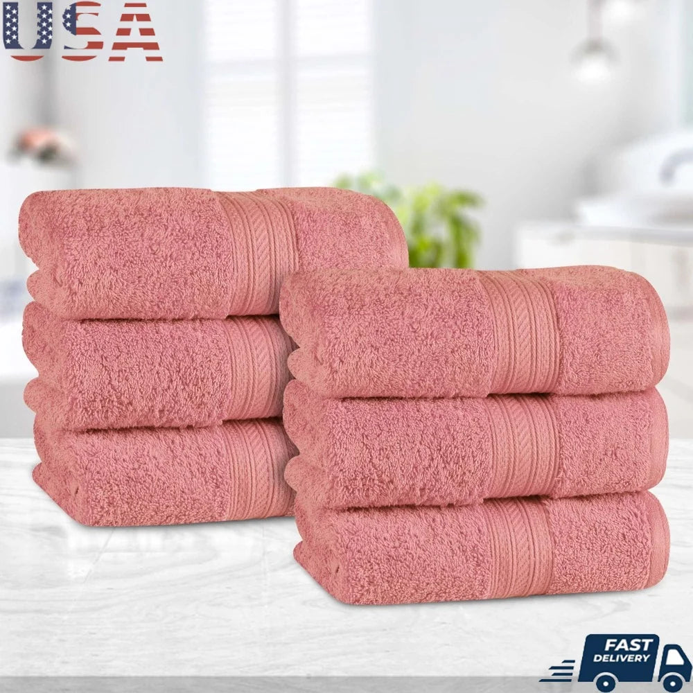 6 Pack Cotton Hand Towels Luxury Super Soft Highly Absorbent Bathroom Kitchen Dobby Border Heavyweight Terry Loop Looping Design