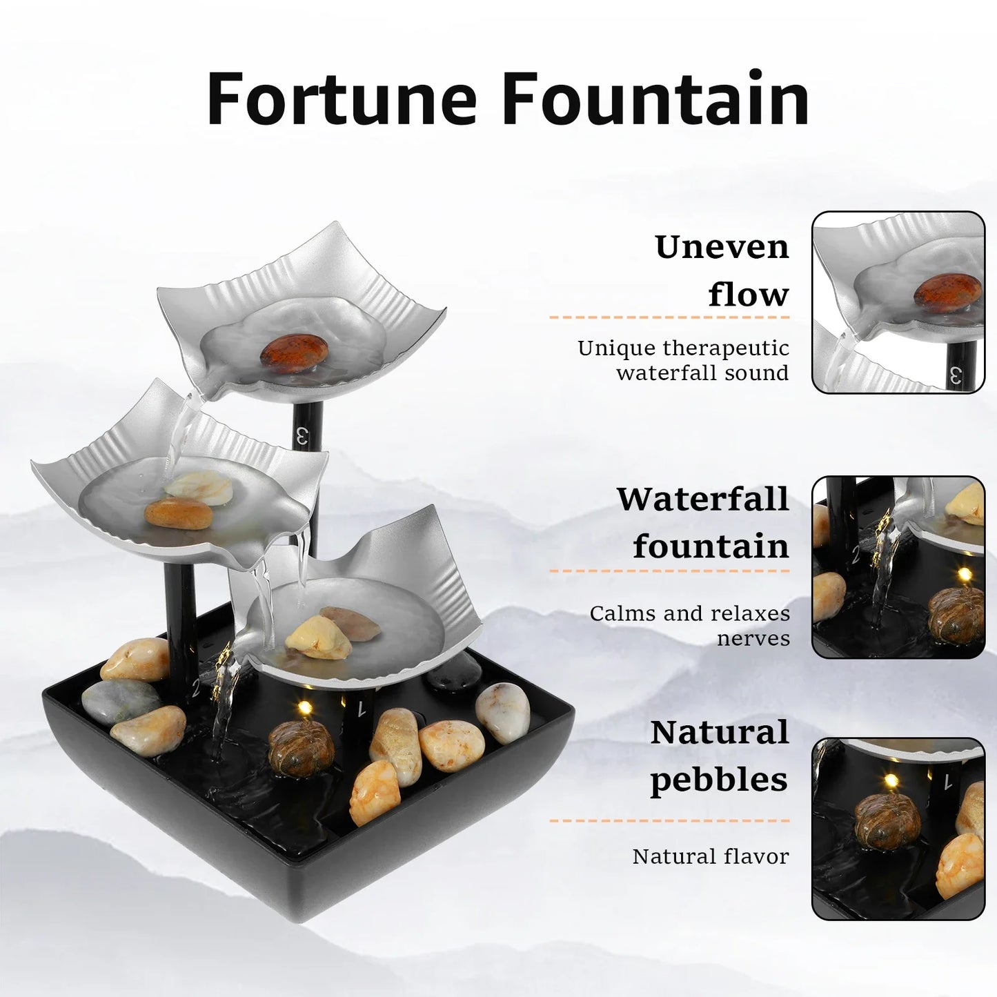 Tabletop Fountain Small Waterfall Fountain Desktop Decor With Light And Pebble USB Powered Sound Relaxation Fountain Ornament