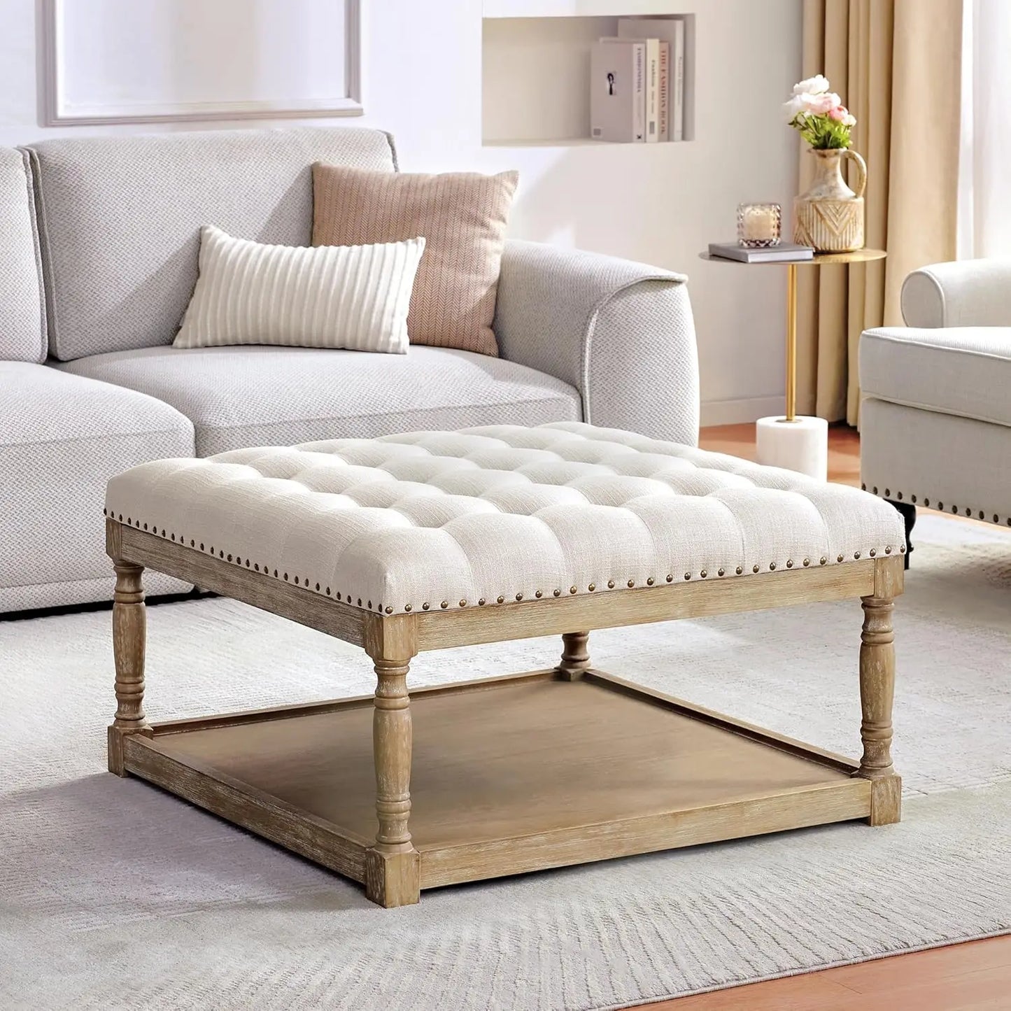 Tufted Upholstered Linen Ottoman with Storage Shelf