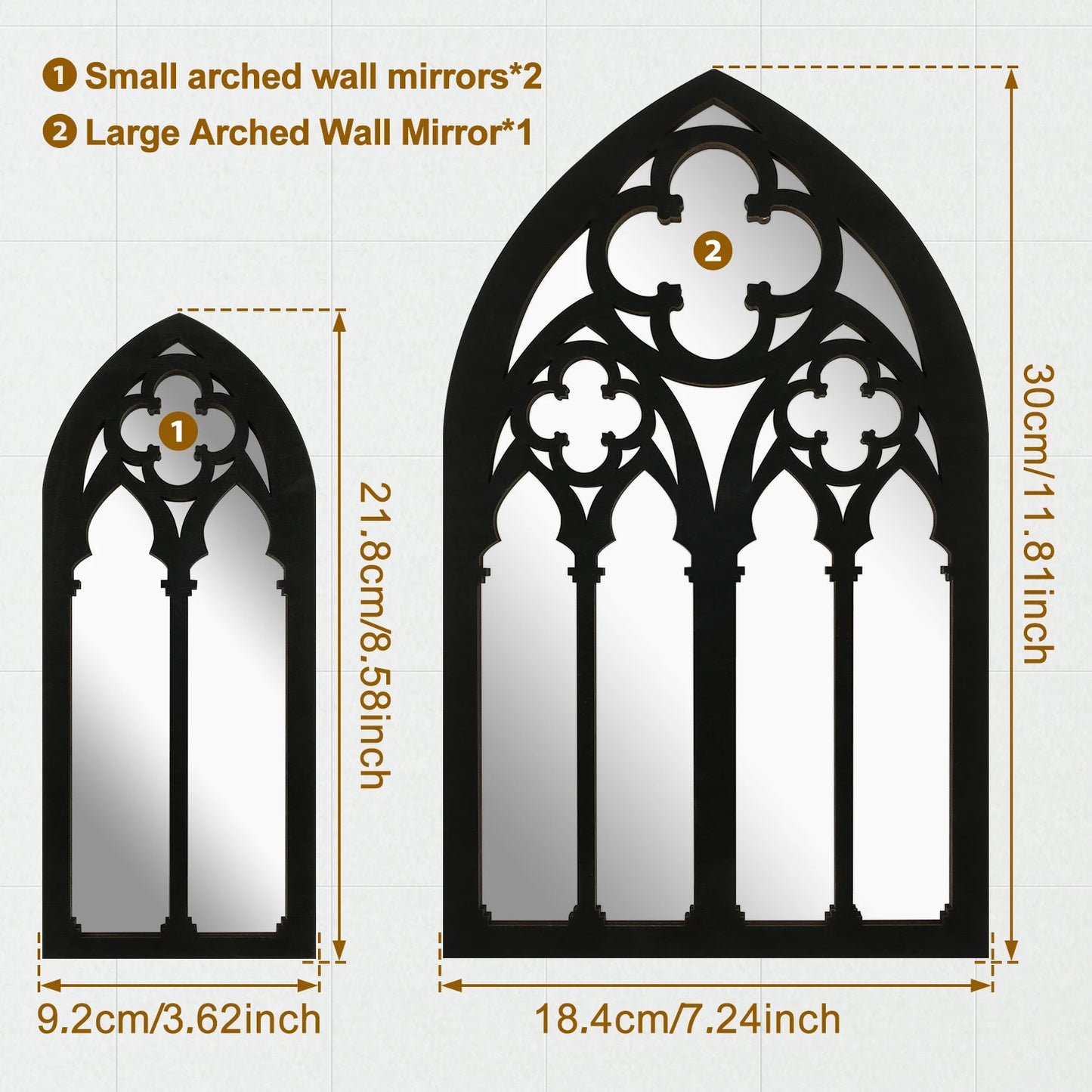 3-piece set of Gothic cathedral window mirrors
