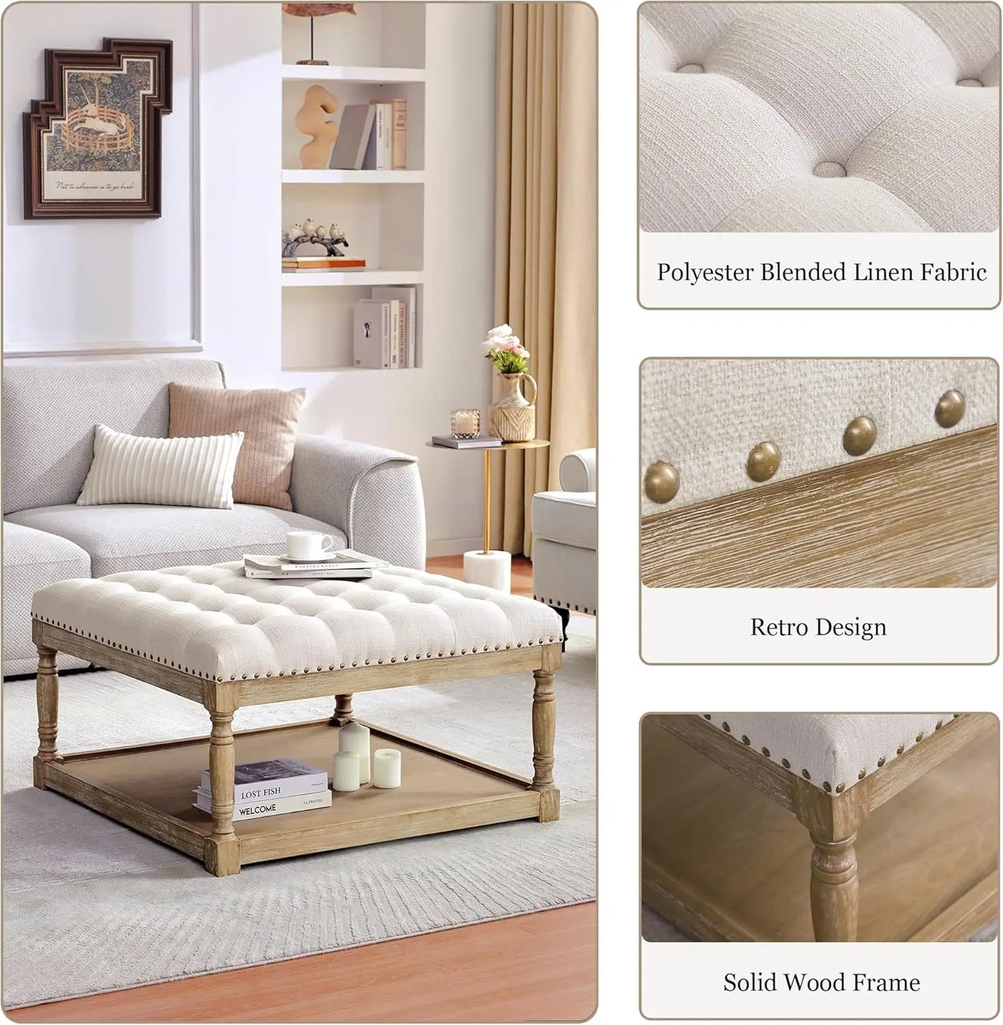 Tufted Upholstered Linen Ottoman with Storage Shelf