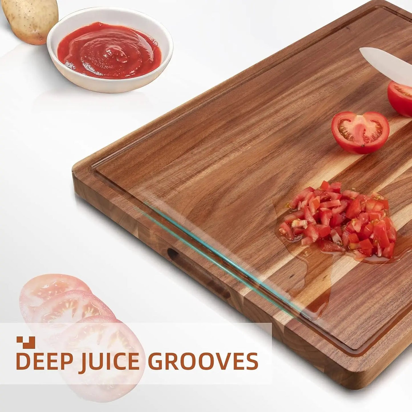 Acacia Wooden Cutting Board For Kitchen Thick Chopping Board With Side Handles & Water Grooves, Butcher Block Cutting Board