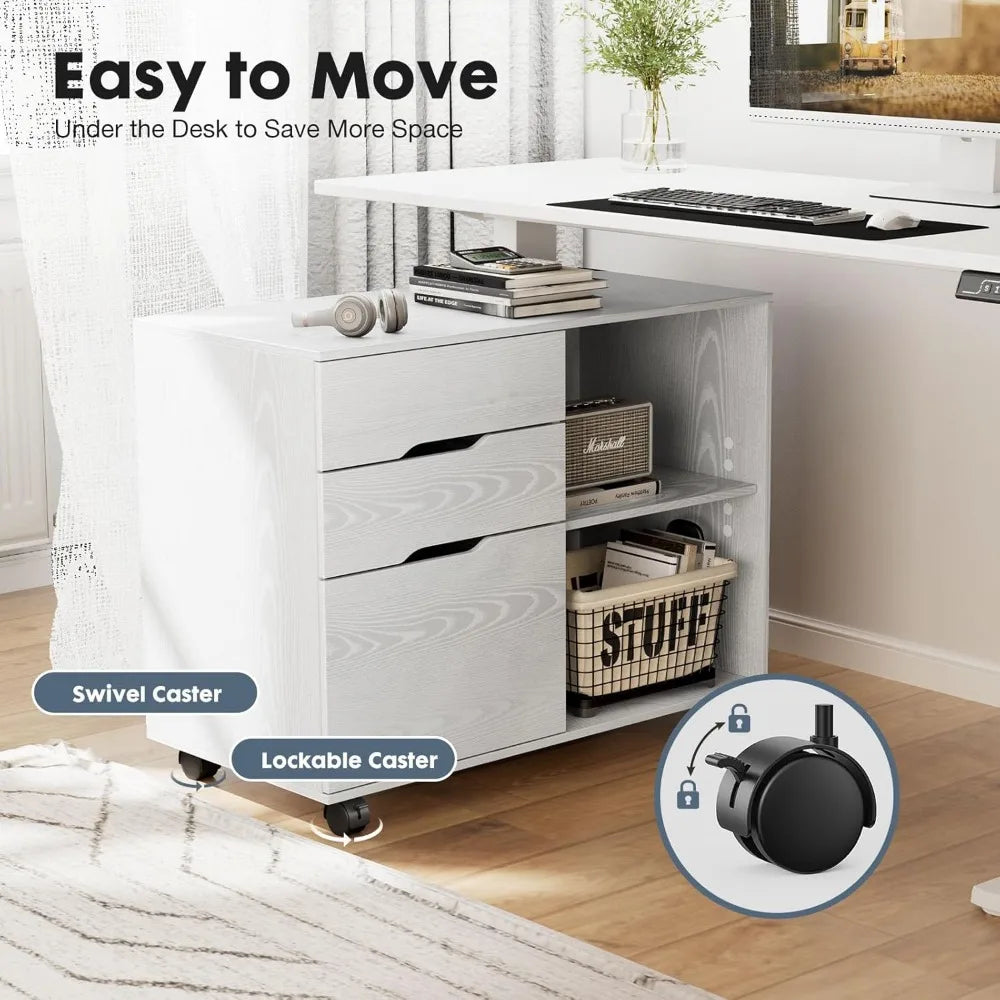 3-Drawer Rolling File Cabinet with Adjustable Shelf, Under Desk Storage and Wheels for Office Home Small Space, White