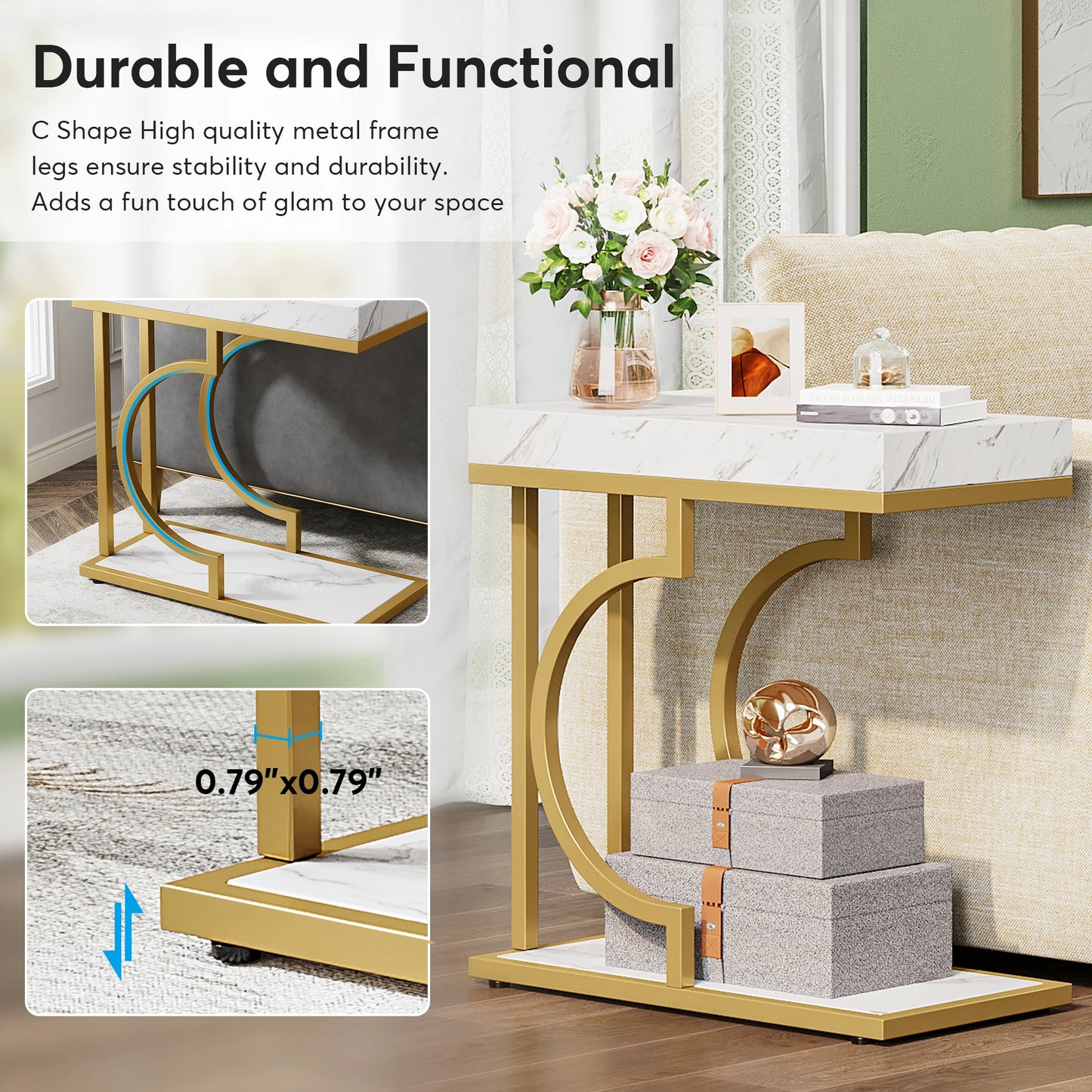 Narrow White Gold Side Table