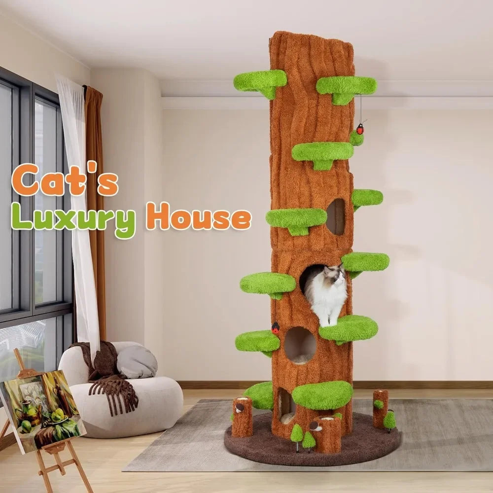 Super Large Cat Tree For Indoor Cats, All-in-One Tall Cats Tower With Scratching Post, Luxury Multi-Level Solid Wood Cat Condo F