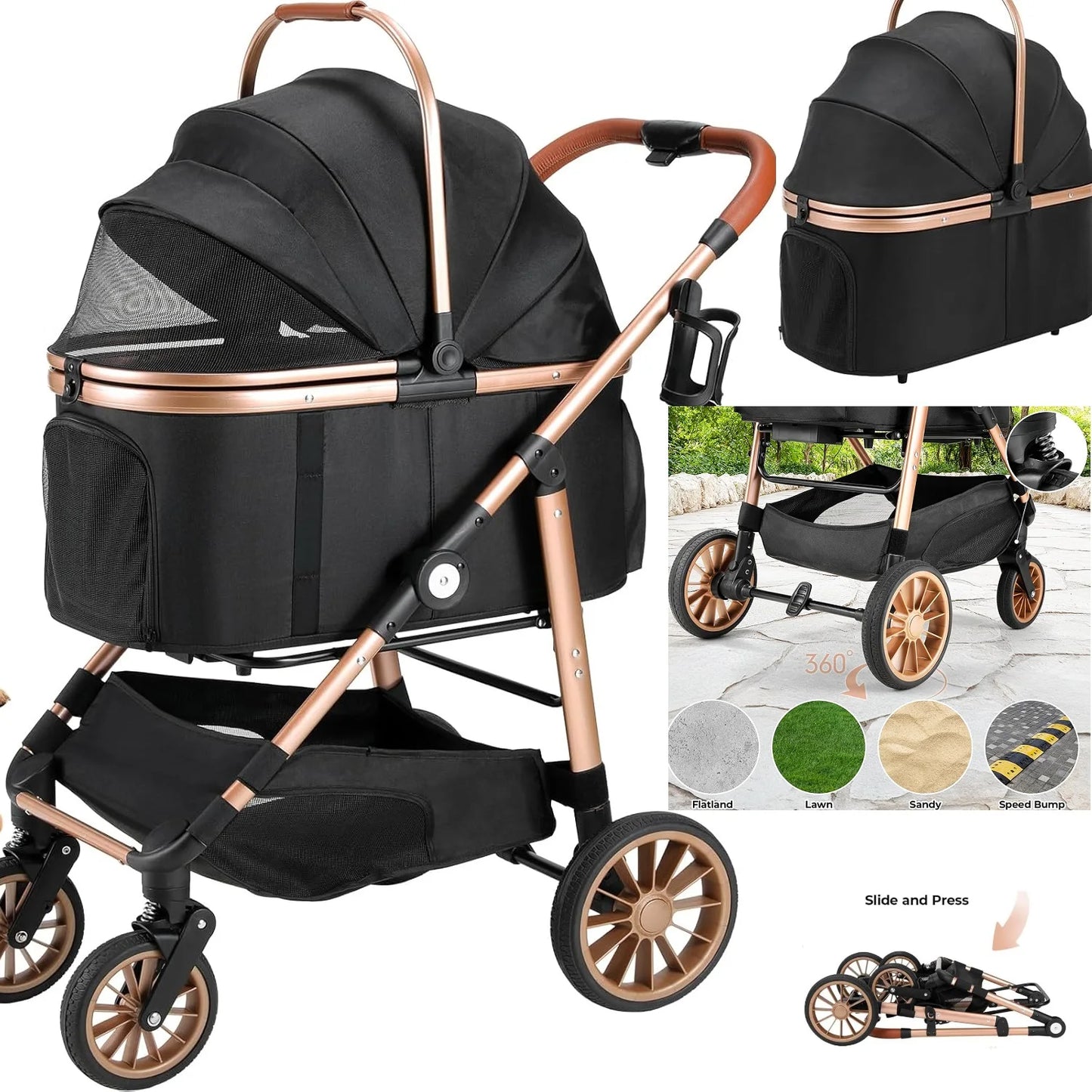 360° High Wheels Transport Foldable Pet Stroller