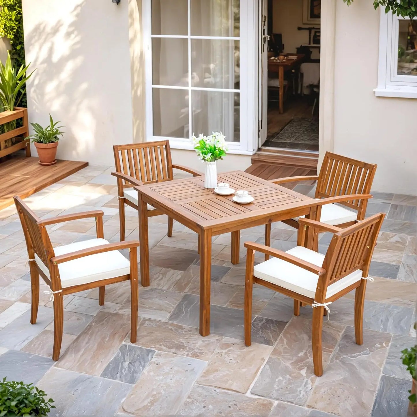 5 Piece Acacia Wood Patio Table and Chairs