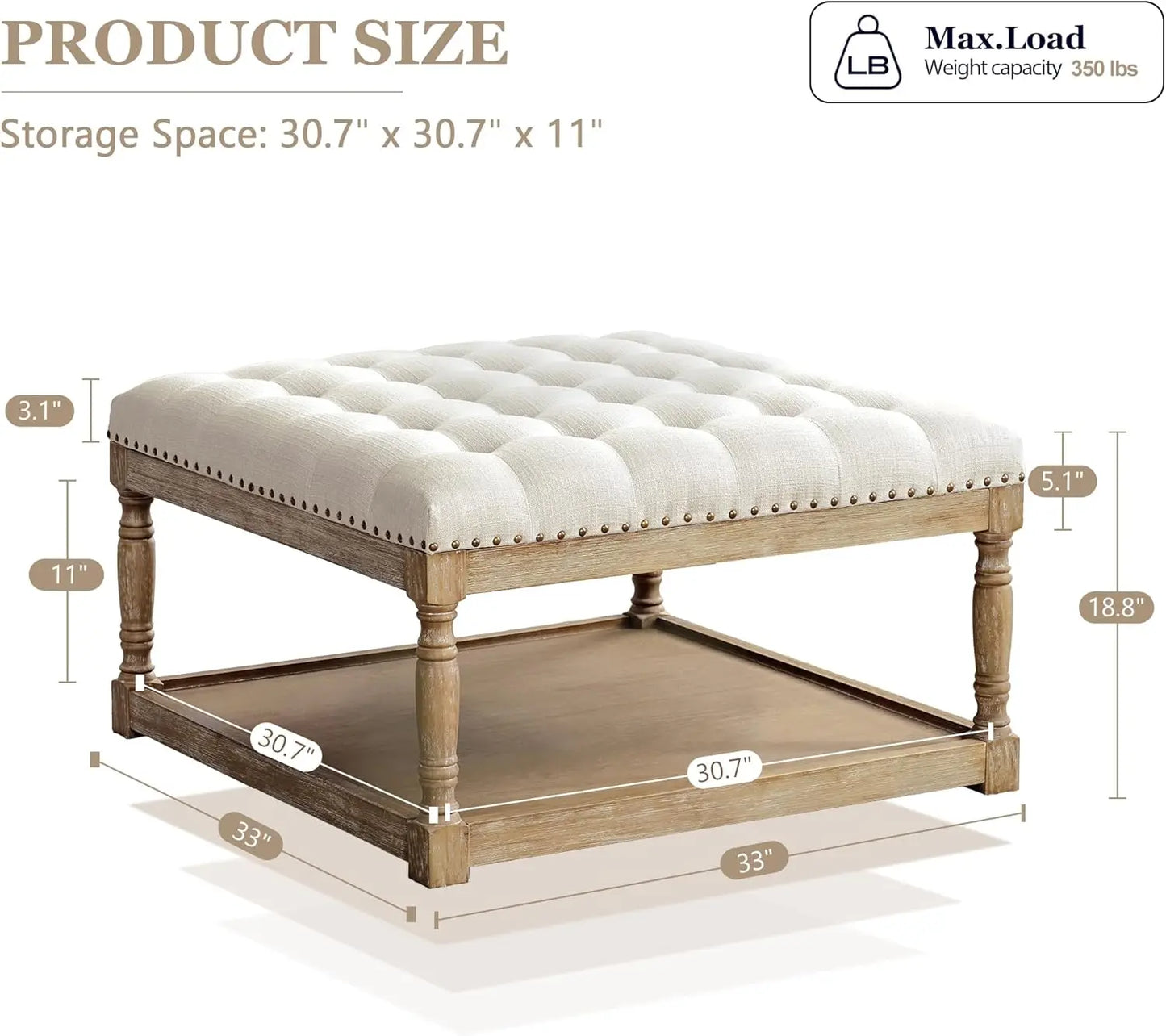 Tufted Upholstered Linen Ottoman with Storage Shelf