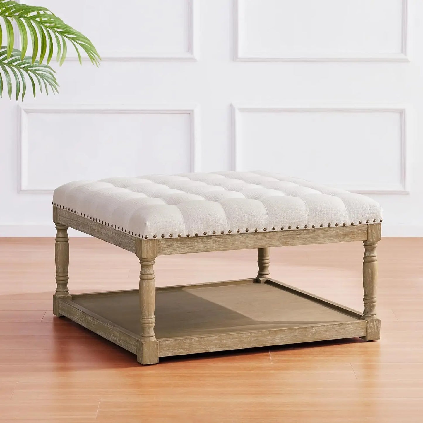 Tufted Upholstered Linen Ottoman with Storage Shelf