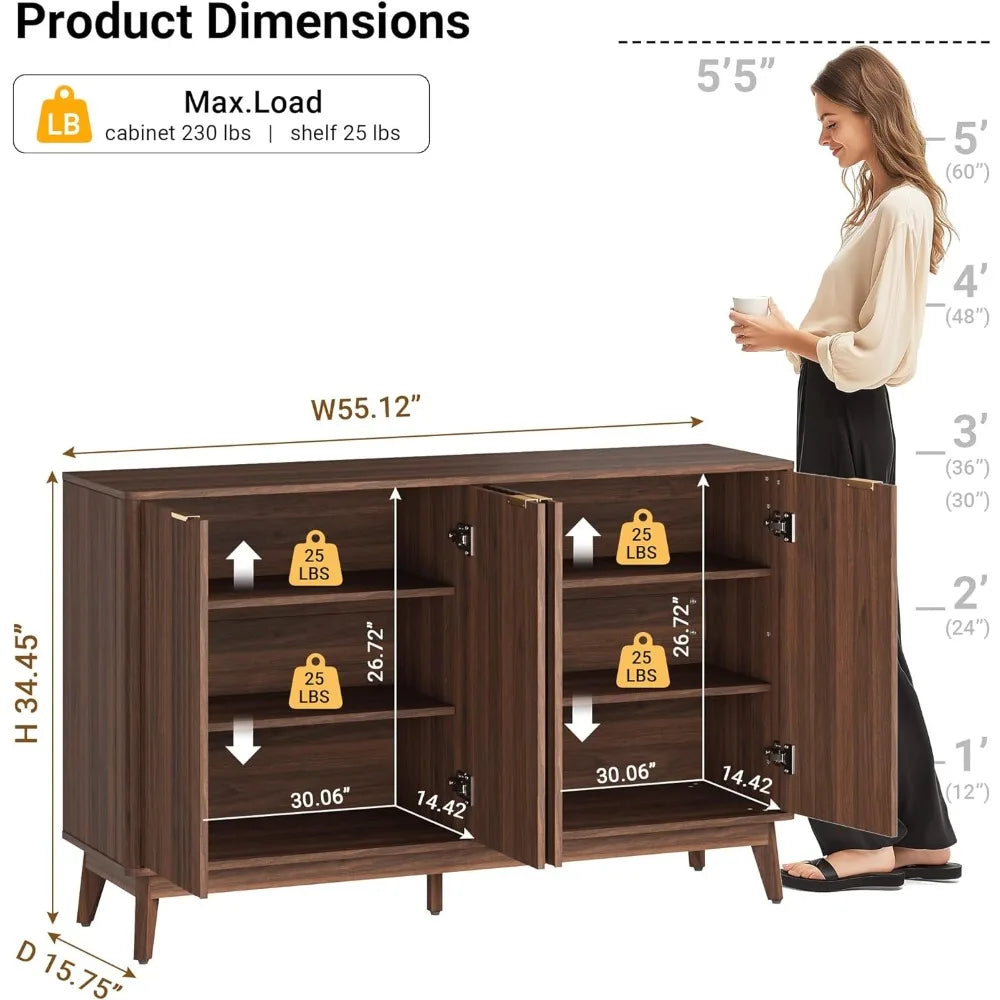 Walnut Fluted Sideboard Buffet Cabinet