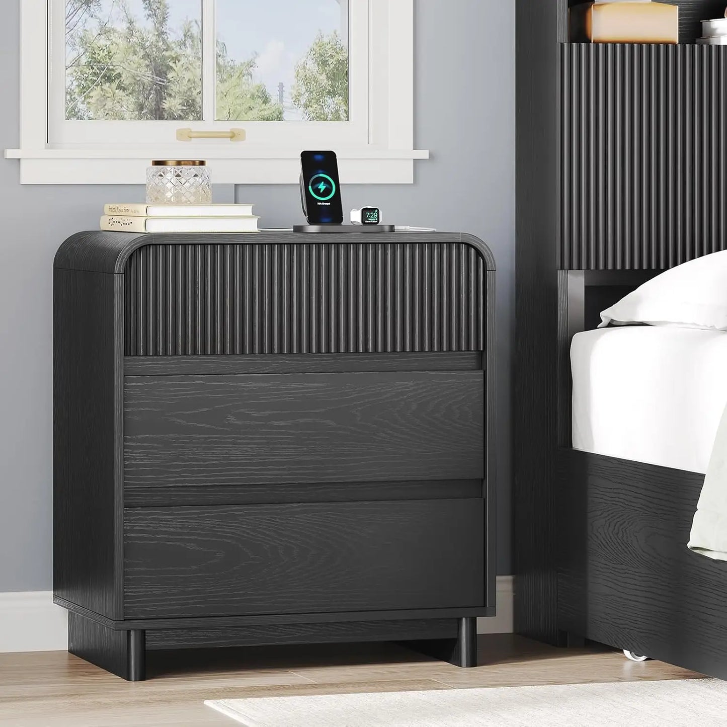Fluted Nightstand with Charging Station