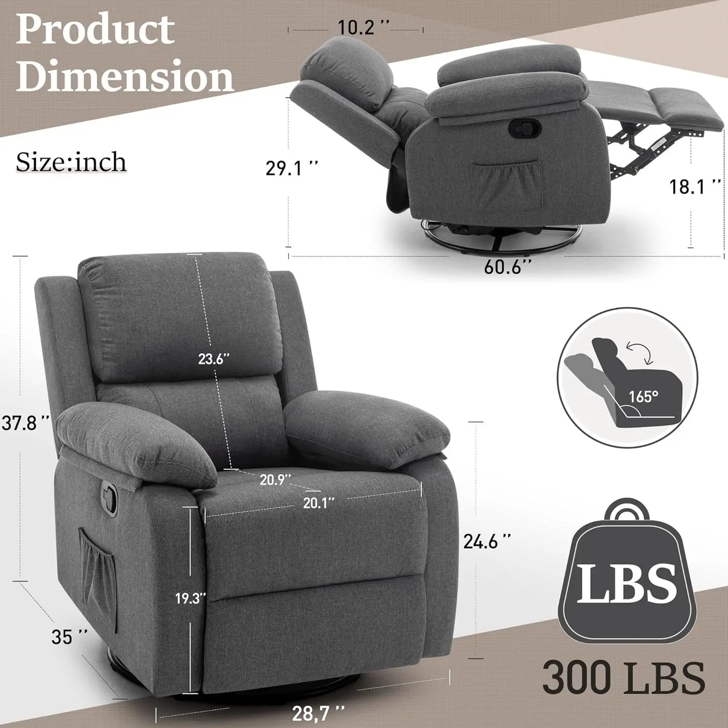 Recliner Chair, Swivel Rocker for Adults