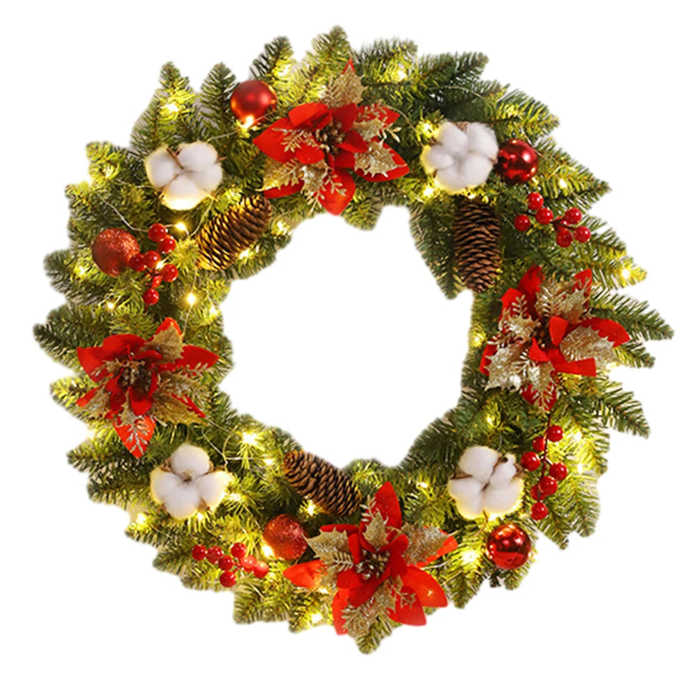 Christmas Garland Decoration Artificial 40CM Wreaths Ornaments with Spruce Pine Cones Berry Ball PVC Light Up for Indoor Outdoor