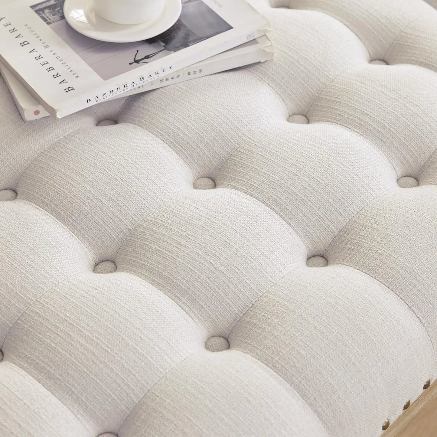 Tufted Upholstered Linen Ottoman with Storage Shelf