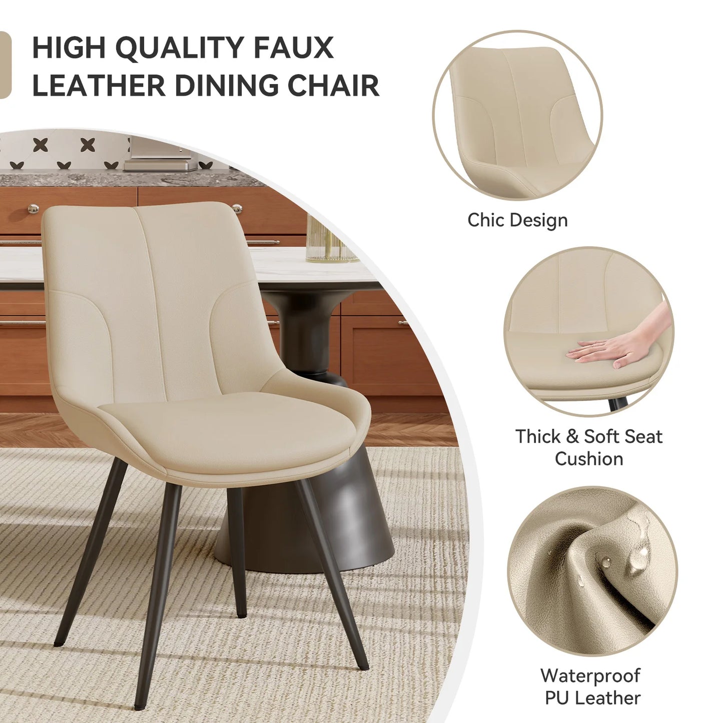 Upholstered Dining Chairs Set of 2 Modern Faux Leather Dining Room Chairs with Thick Cushion and Metal Legs