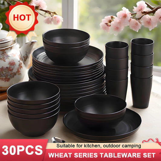 Black Bowls, Dishes, Plates, and Cups Made from Wheat Straw Plastic and PP, American-Style 30-Piece Dinnerware Set for 6 People