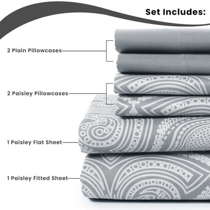 Lux Decor 6Pc Paisley Sheet Set – Soft Microfiber, Wrinkle-Free, Printed Bed Sheets