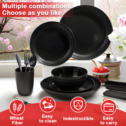 Black Bowls, Dishes, Plates, and Cups Made from Wheat Straw Plastic and PP, American-Style 30-Piece Dinnerware Set for 6 People