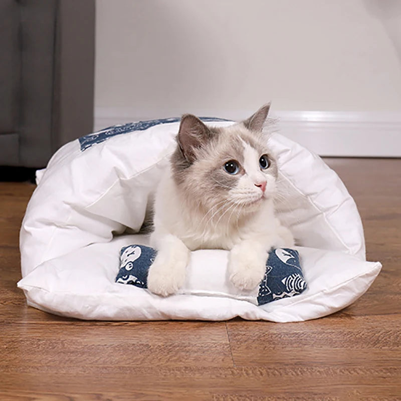 Warm cat sleeping bag with a cozy cat nestled inside, showcasing plush comfort and stylish design.