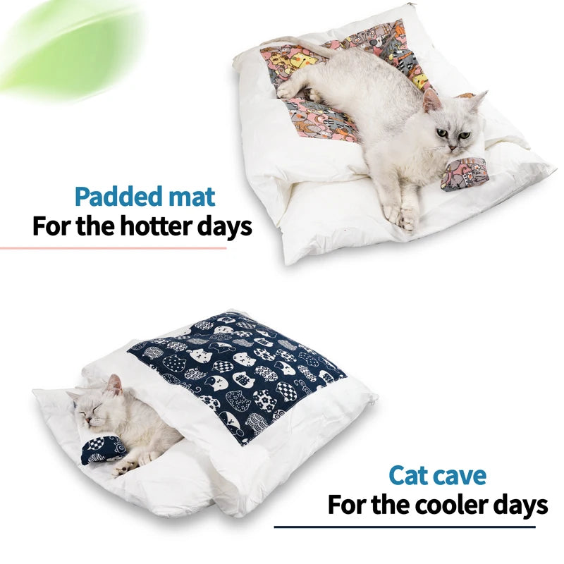 Warm cat sleeping bag showing padded mat for hot days and cozy cat cave for cooler days.