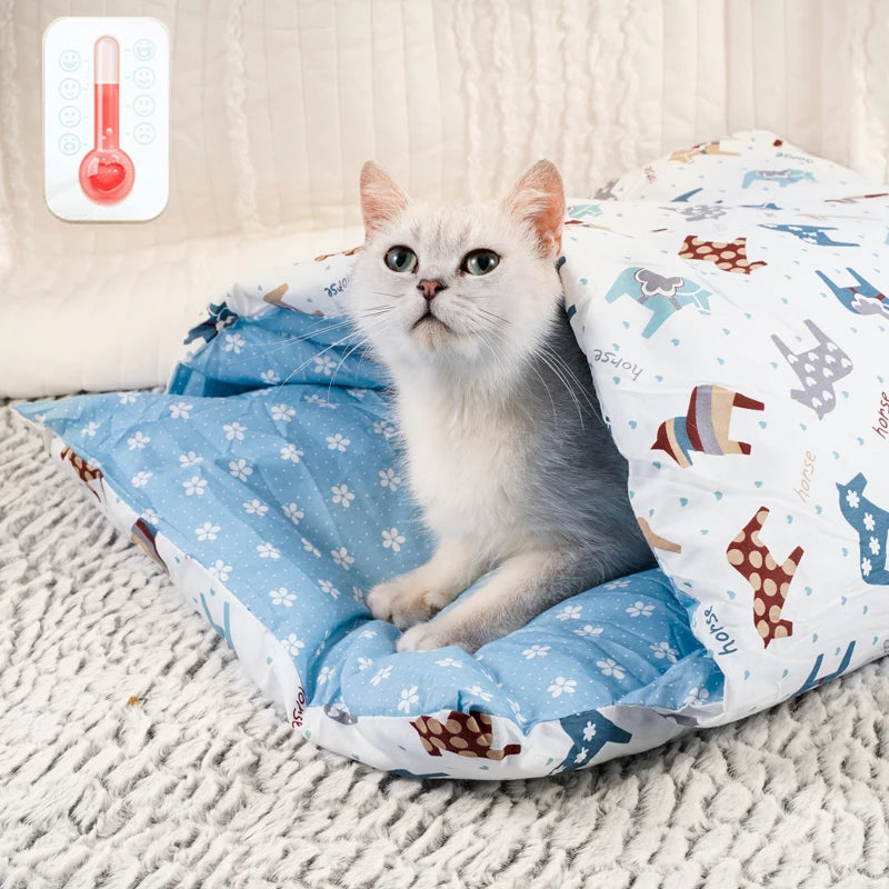 Warm Cat Sleeping Bag - Cozy Japanese Cat Bed with a playful cat peeking out from inside.