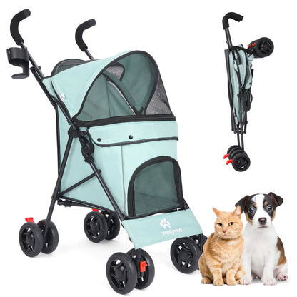 Pet stroller for dogs and cats in mint green with mesh panels and two pets beside it.