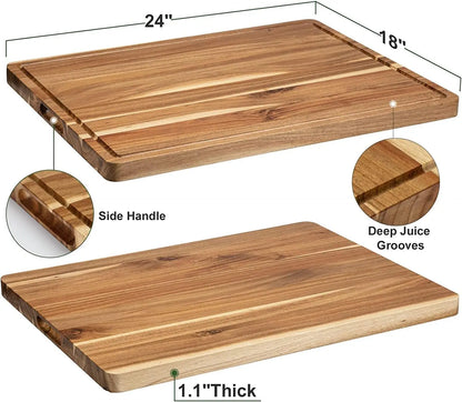 Acacia Wooden Cutting Board For Kitchen Thick Chopping Board With Side Handles & Water Grooves, Butcher Block Cutting Board