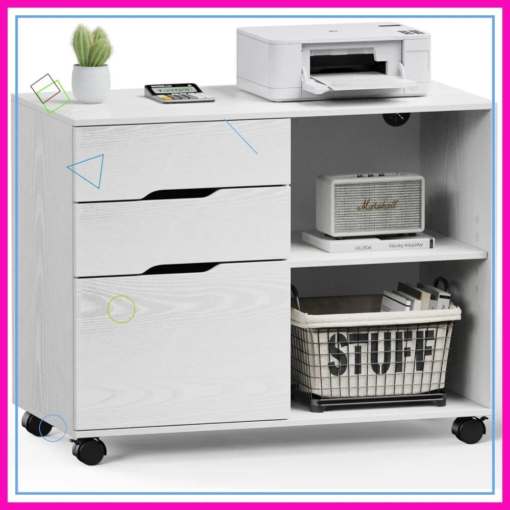 3-Drawer Rolling File Cabinet with Adjustable Shelf, Under Desk Storage and Wheels for Office Home Small Space, White