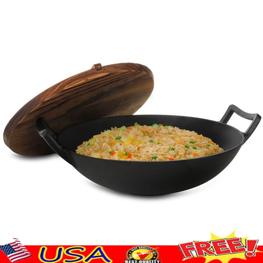 14 Inch  Cast Iron Wok with Wood Lid