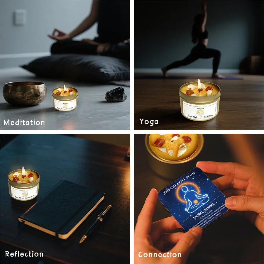 Collage of meditation, yoga, reflection, and connection showcasing the Sacral Chakra Sweet Orange Candle.