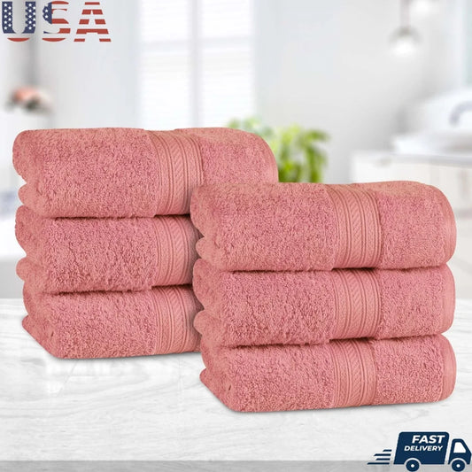 6 Pack Cotton Hand Towels Luxury Super Soft Highly Absorbent Bathroom Kitchen Dobby Border Heavyweight Terry Loop Looping Design