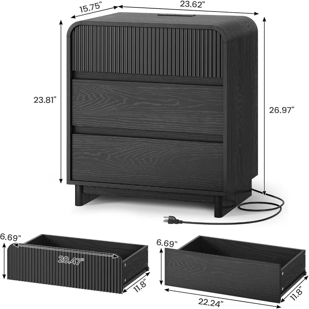 Fluted Nightstand with Charging Station