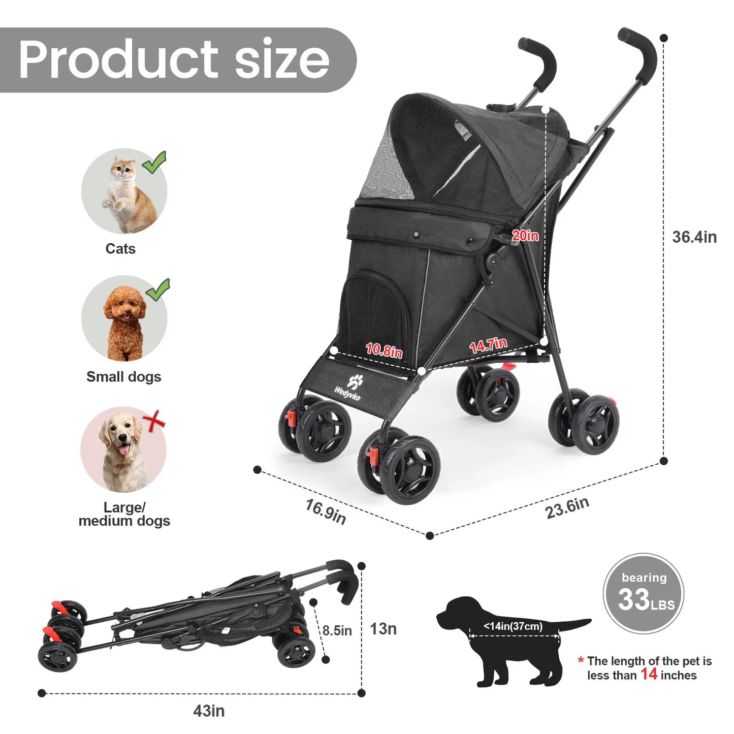 Pet stroller for dogs and cats showing product size and dimensions for various pet types.
