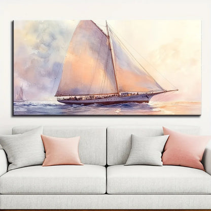 Gold Frame Mural, White Sailboat Seascape