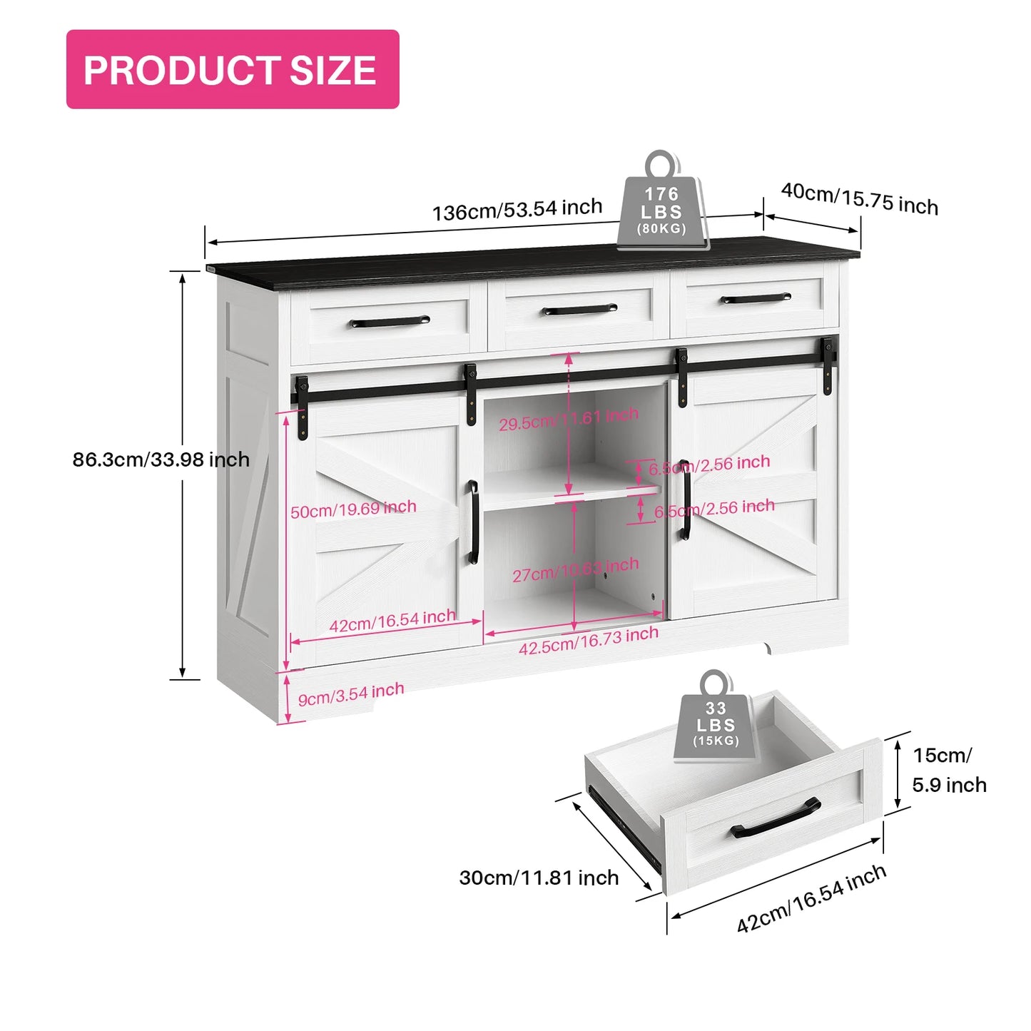 Sideboard Buffet Cabinet w/ Adjustable Shelves