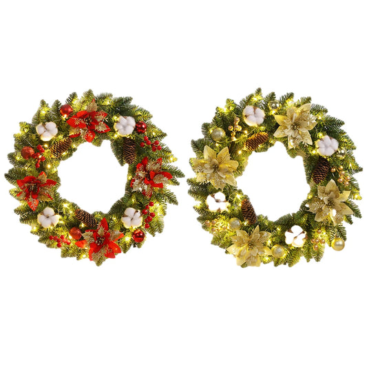 Christmas Garland Decoration Artificial 40CM Wreaths Ornaments with Spruce Pine Cones Berry Ball PVC Light Up for Indoor Outdoor