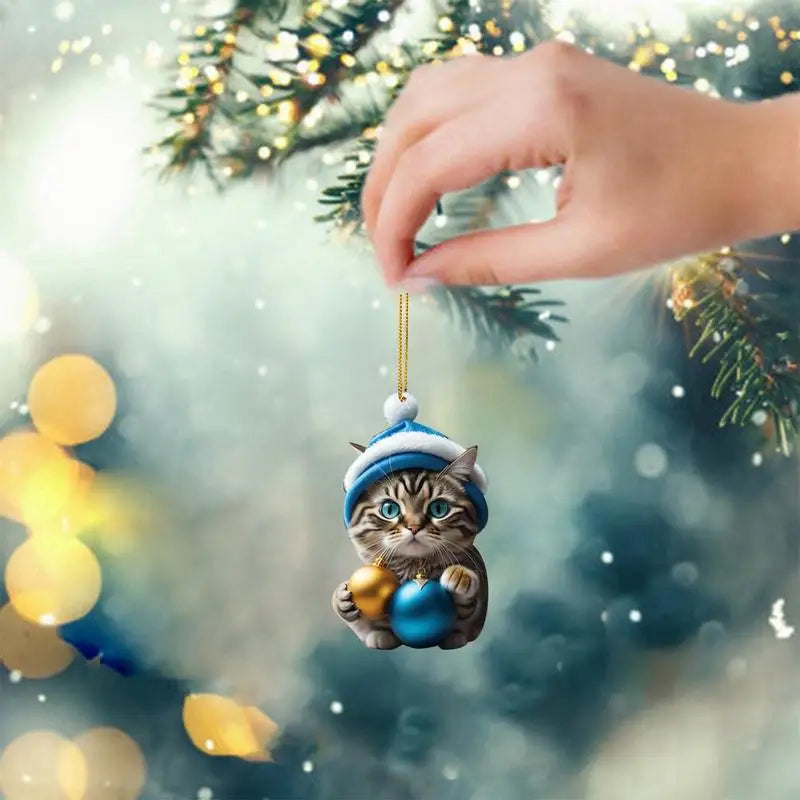 2D Funny Cat Hanging Christmas Tree Ornament Animal Pendant Rearview Mirror Ornaments Car Gifts