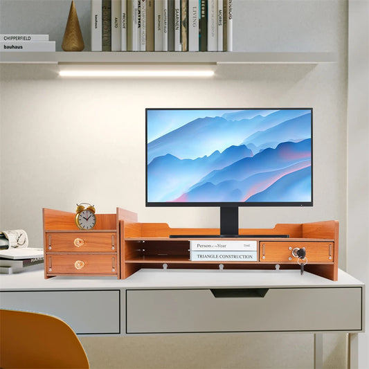 Computer Monitor Stand, Wooden Desk Organizer
