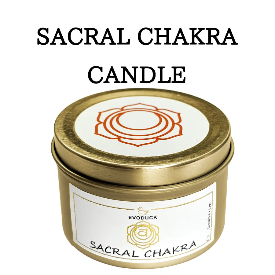 Sacral Chakra Sweet Orange Candle in decorative tin, designed to awaken creativity and enhance spiritual balance.