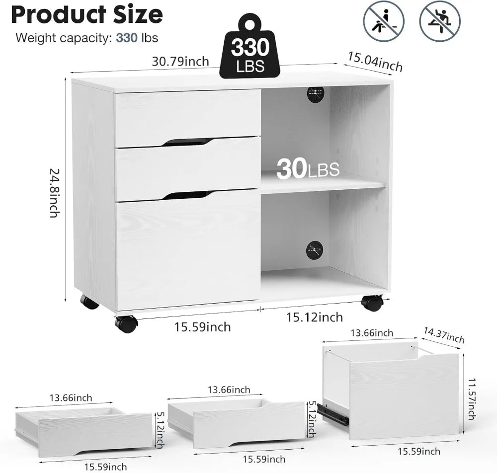3-Drawer Rolling File Cabinet with Adjustable Shelf, Under Desk Storage and Wheels for Office Home Small Space, White