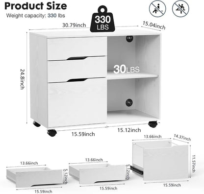 3-Drawer Rolling File Cabinet with Adjustable Shelf, Under Desk Storage and Wheels for Office Home Small Space, White