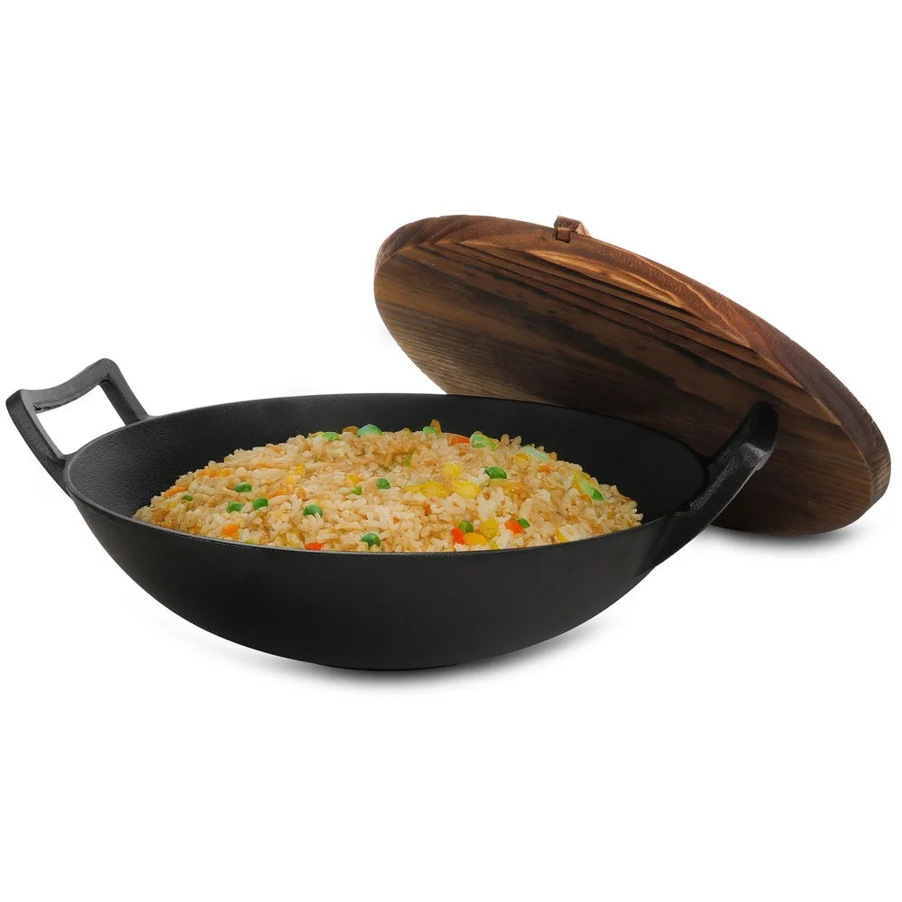 14 Inch  Cast Iron Wok with Wood Lid
