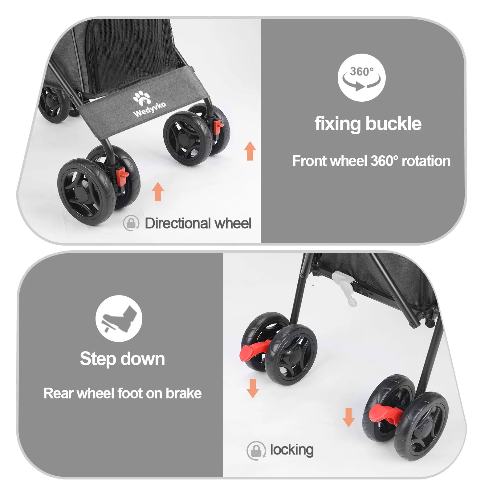 Pet stroller for dogs and cats features 360° rotation front wheels and locking rear brake for safety and convenience.